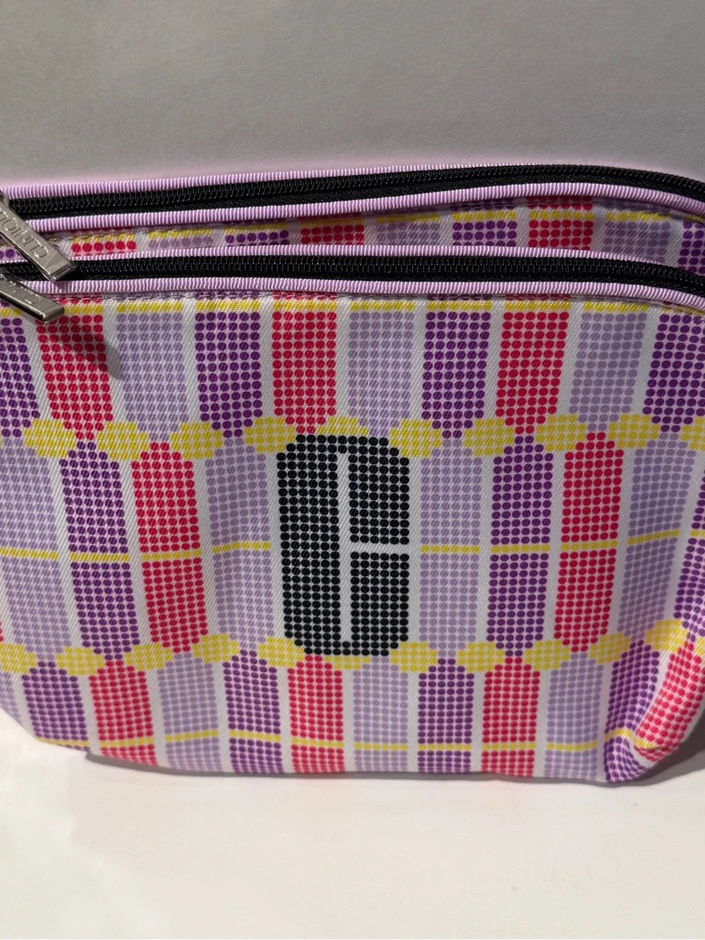 Clinique Pink Purple Yellow Patterned Cosmetic Bag with Purple Scrunchies